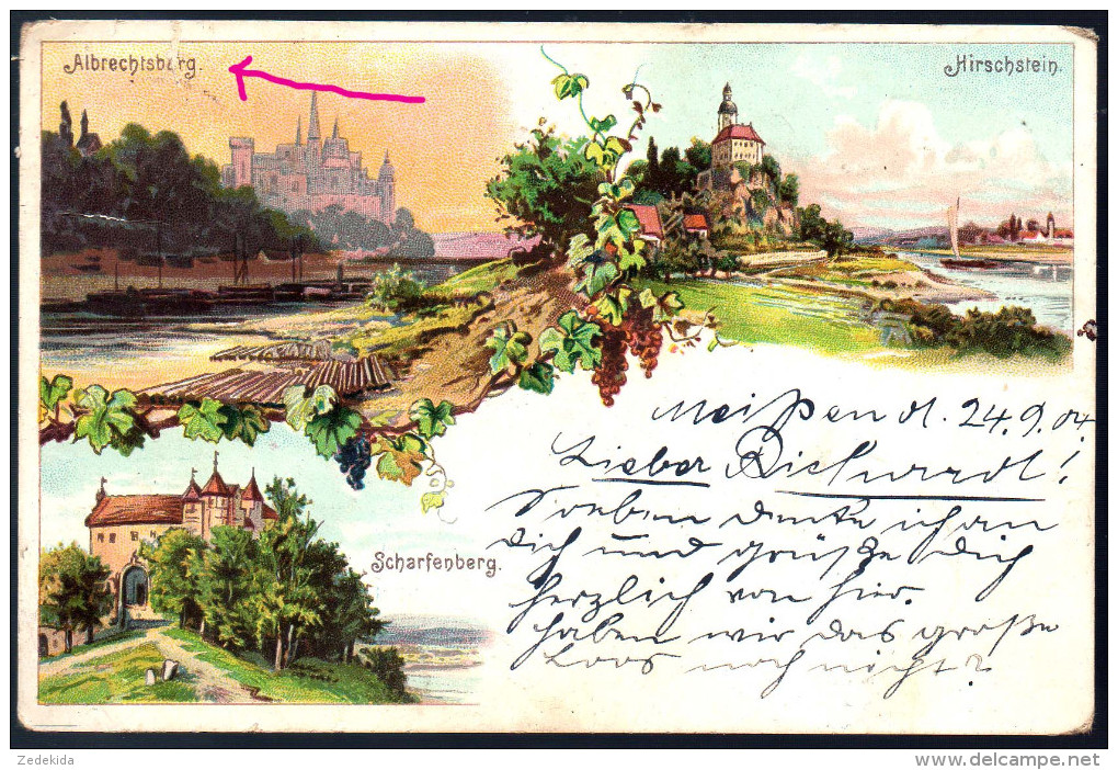 0945 - alte Litho Ansichtskarte - Meissen Albrechtsburg Hirschstein Scharfenberg - gel. 1904