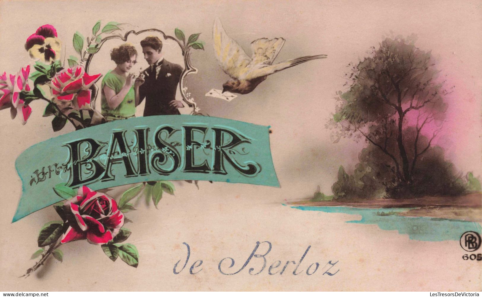 [-10%] Belgique - Berloz - Un baiser de Berloz - Couple en médaillon fleuri  - Carte Postale Ancienne