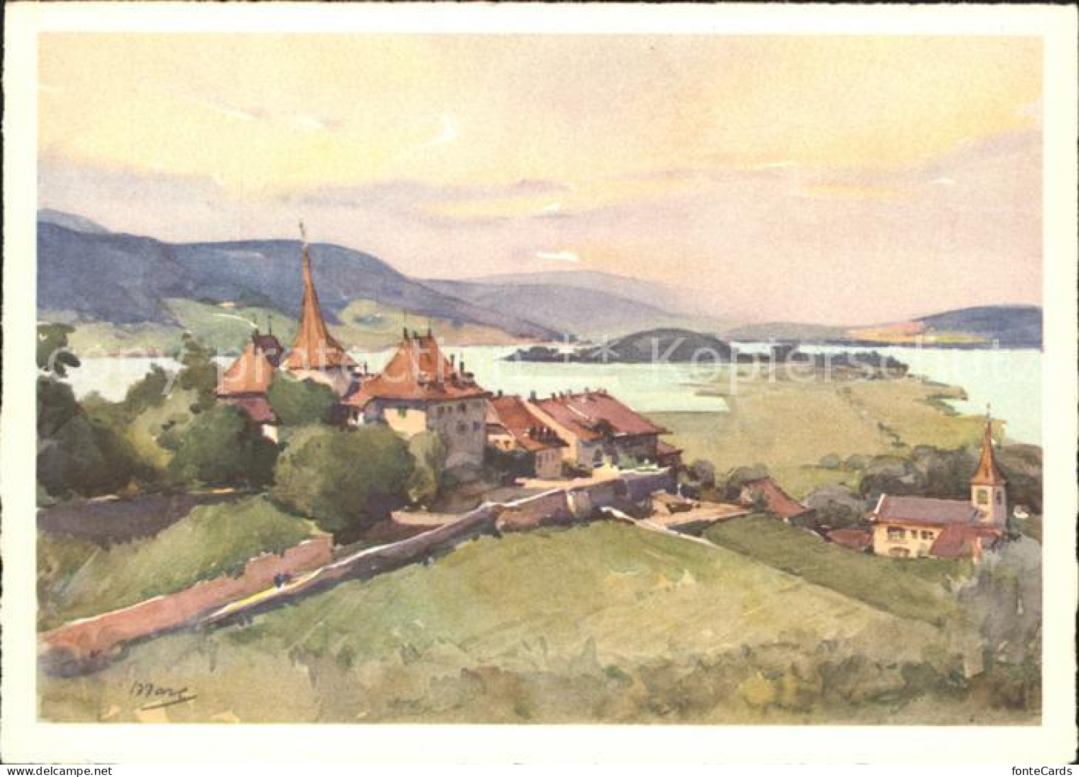 11686990 Erlach BE mit Bielersee Aquarell Erlach Cerlier