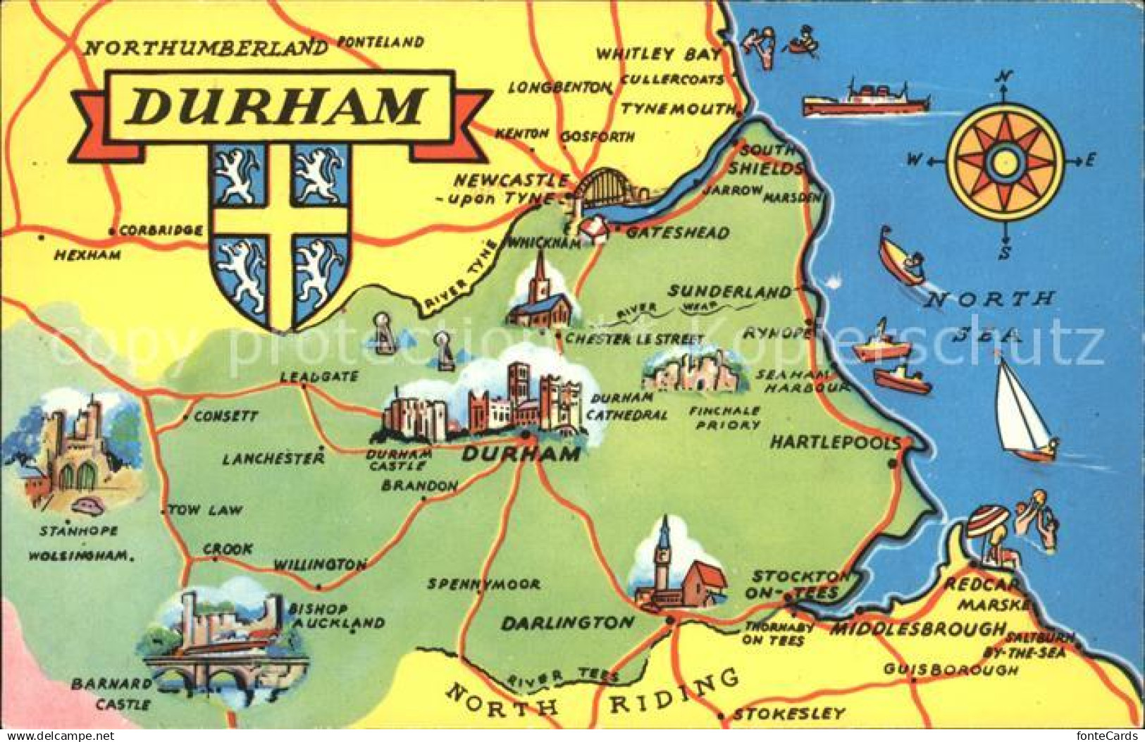 11752126 Durham UK Map of Durham County Wappen Landkarte