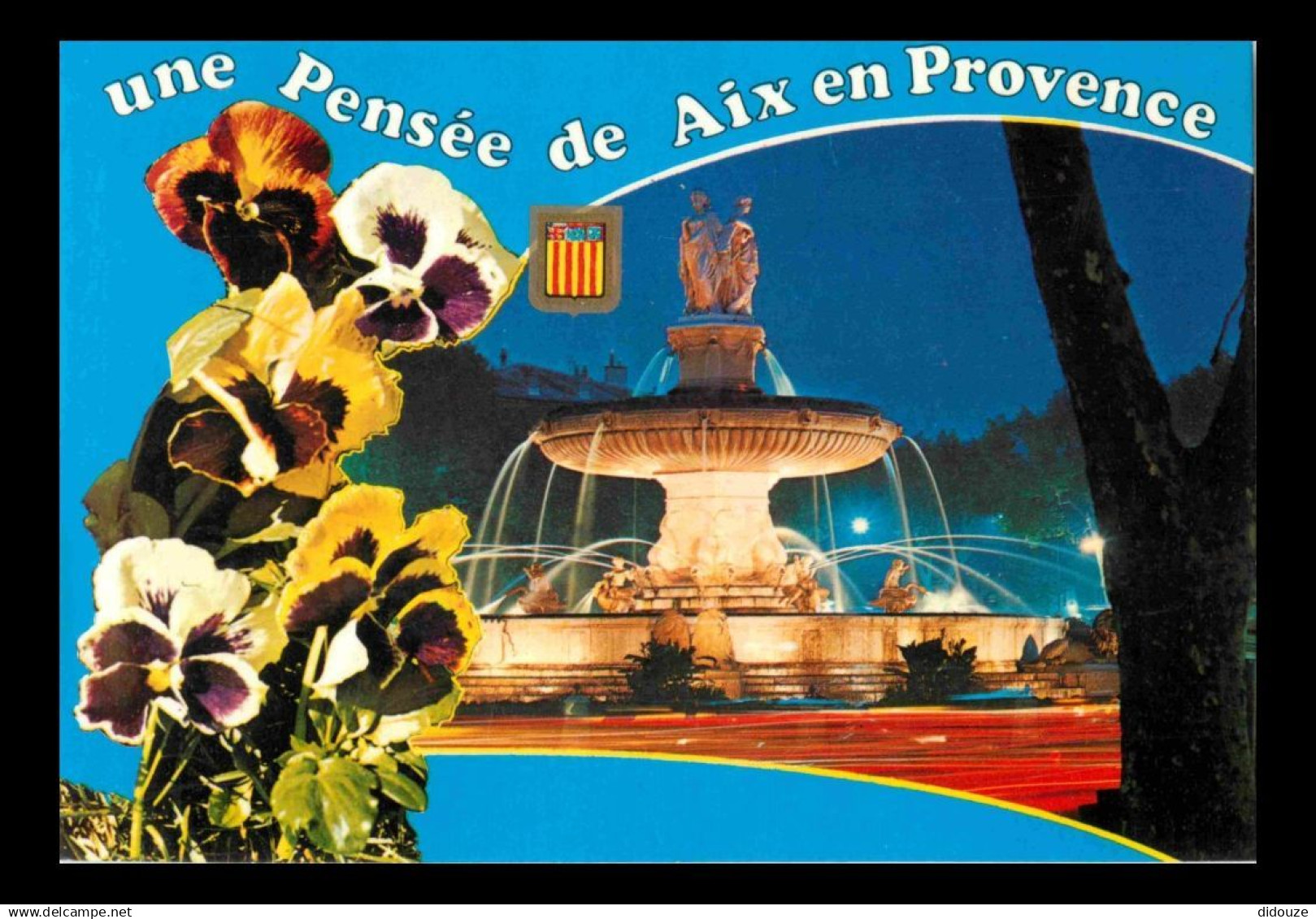 13 - Aix en Provence - Grande Fontaine sur la Rotonde - Vue de Nuit - Une Pensée de Aix en Provence - Fleurs - CPM - Voi