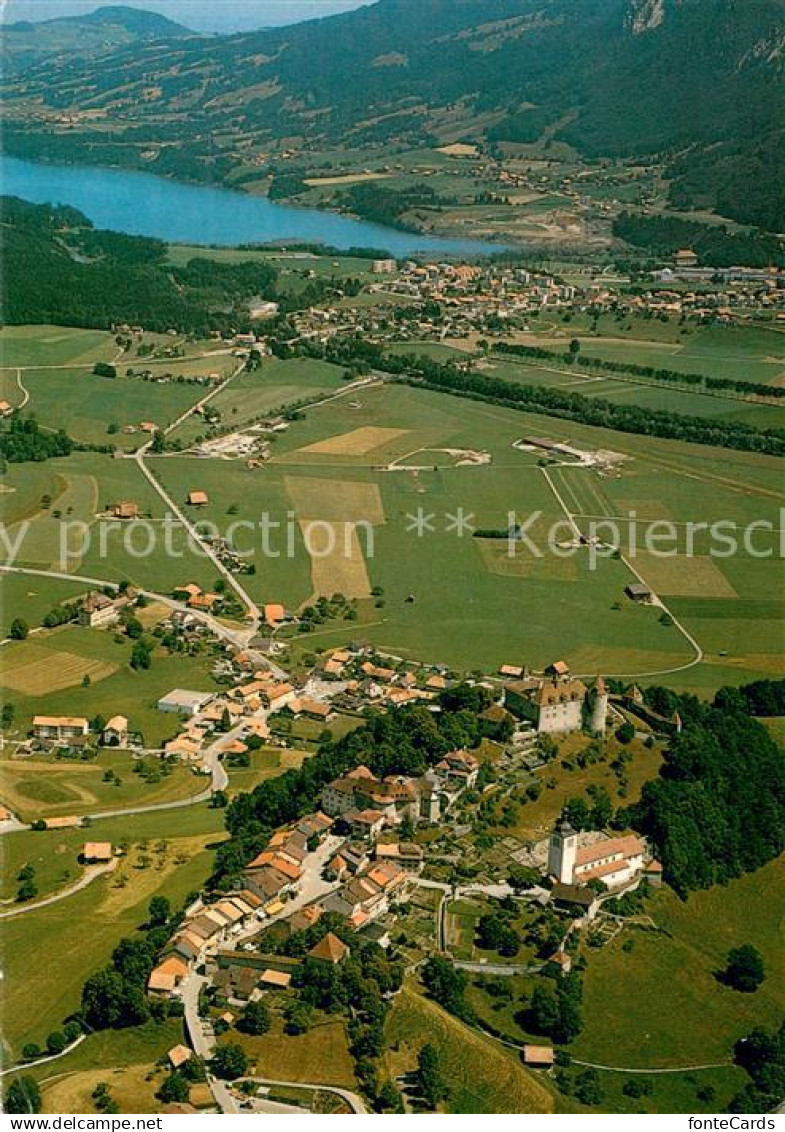 13644830 Gruyeres FR au fond Broc et Lac de la Gruyere vue aérienne