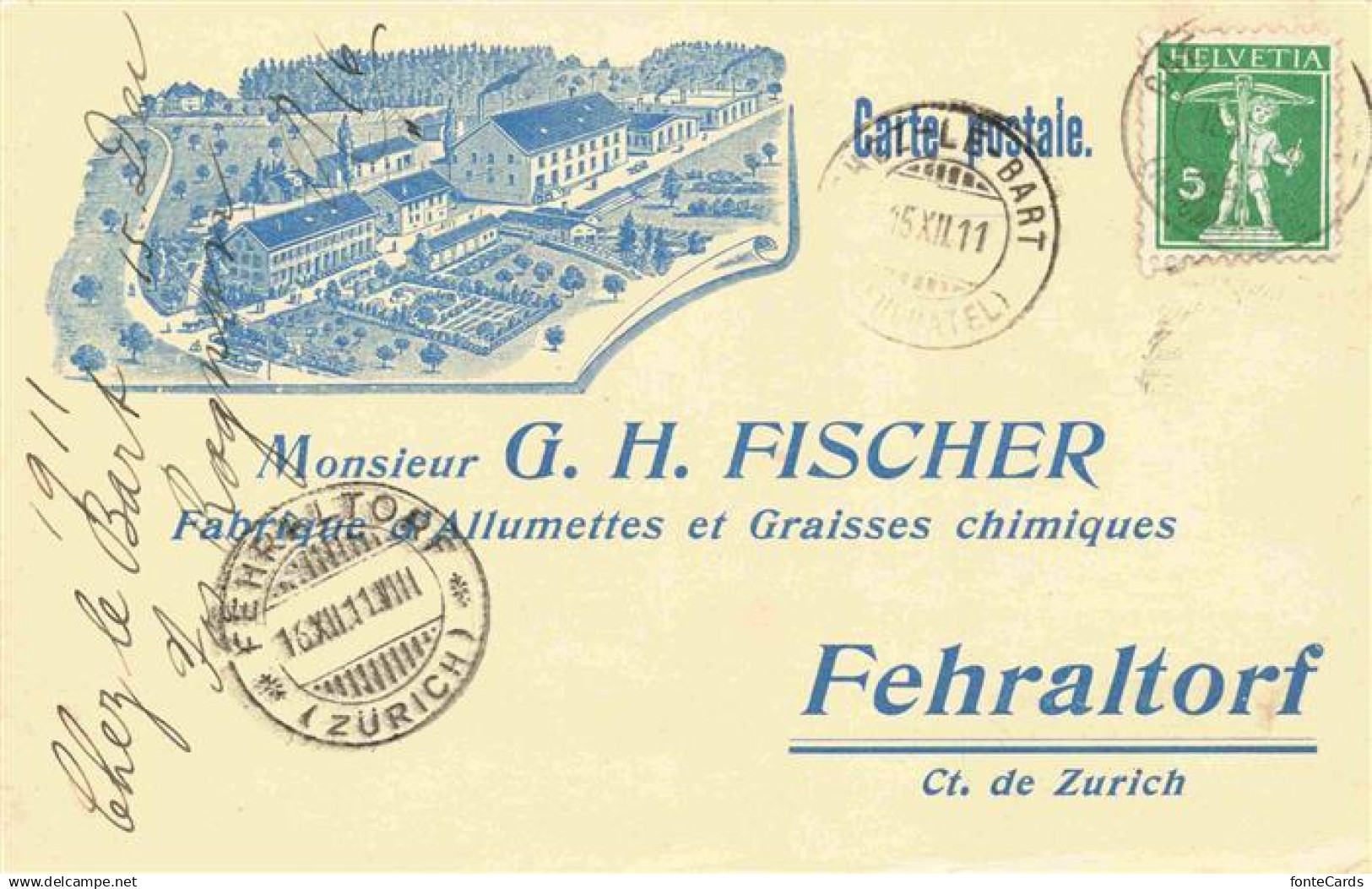 13974495 Fehraltorf ZH G. H. Fischer Fabrik aus der Vogelperspektive Litho