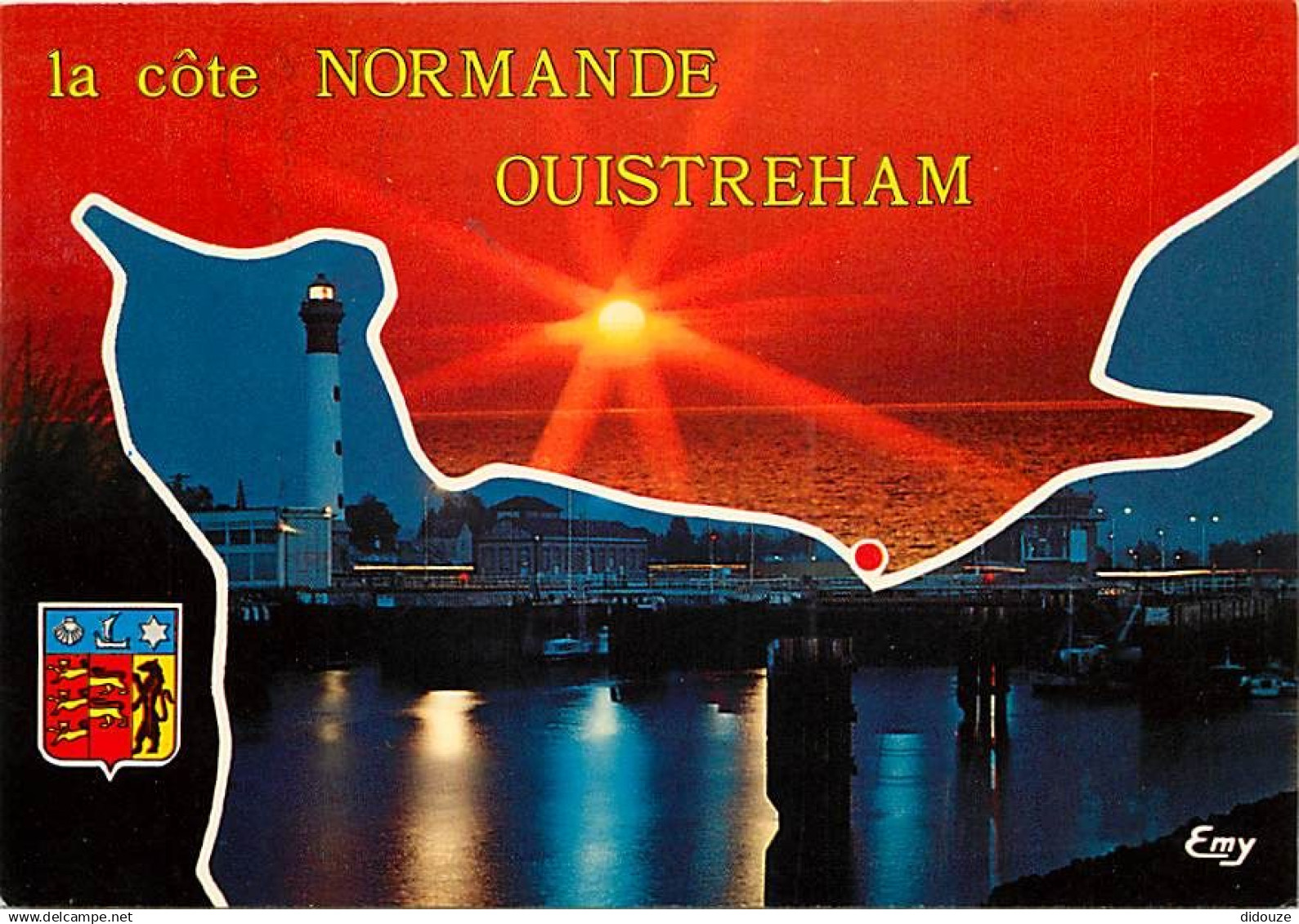 14 - Ouistreham - Riva Bella - Le phare et l'écluse illuminés - Vue de Nuit - Blasons - Flamme Postale de Ouistreham Riv