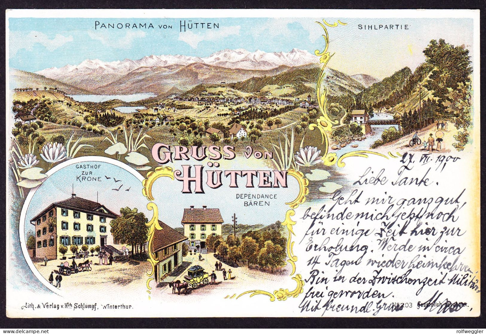 1900 gelaufene Litho AK Schlumpf: Gruss von Hütten. 4bildrig. Sihlpartie, Gasthaus zur Krone und Dependance Bären.