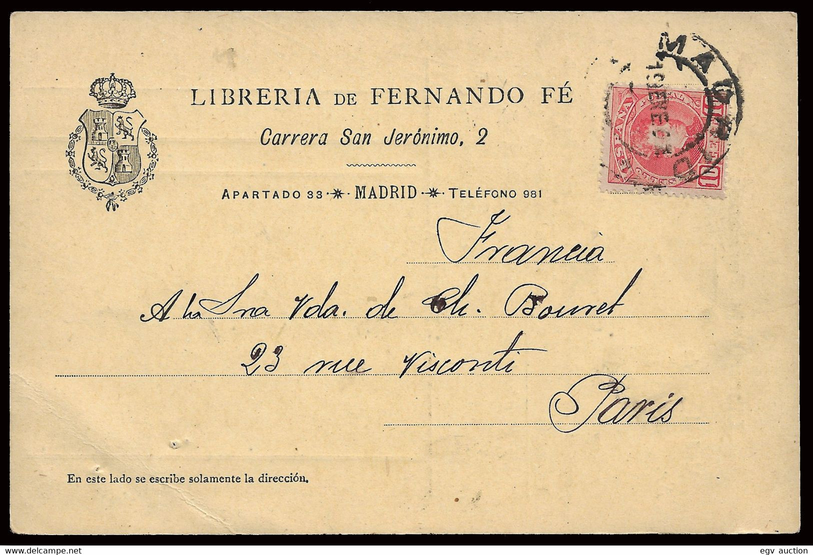 1902 - Edifi o 243 - T. Publicitaría "Librería de Fernando Fé - Madrid" a París