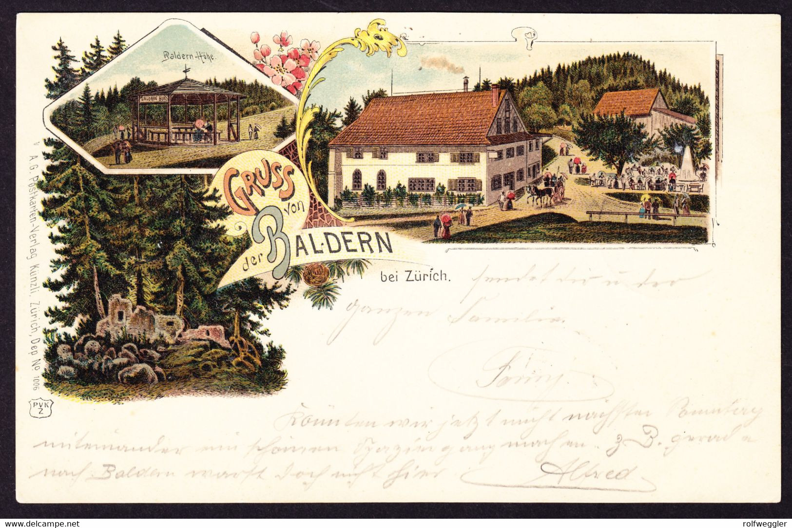 1902 gelaufene Litho AK: Gruss von der Baldern. Gestempelt Stallikon