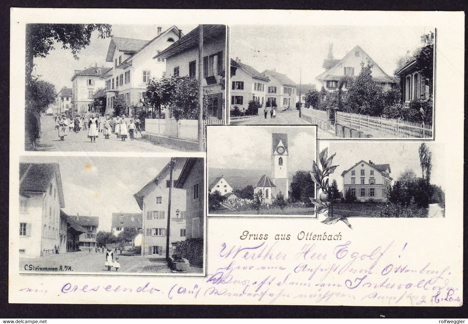 1903 gelaufene AK Gruss aus Ottenbach. 5 bildrig. C. Steinmann. Gestempelt Ottenbach. Minim fleckig