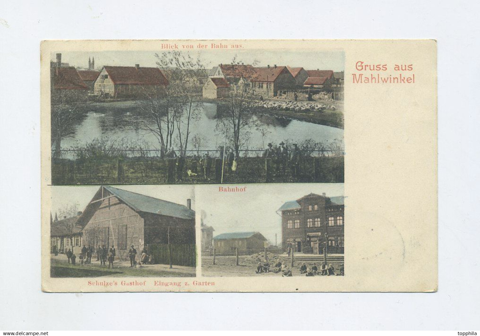 1904 Dt. Reich farbige Ansichtskarte Gruss aus Mahlwinkel Altmark mit Bahnhof + Schulze's Gasthof