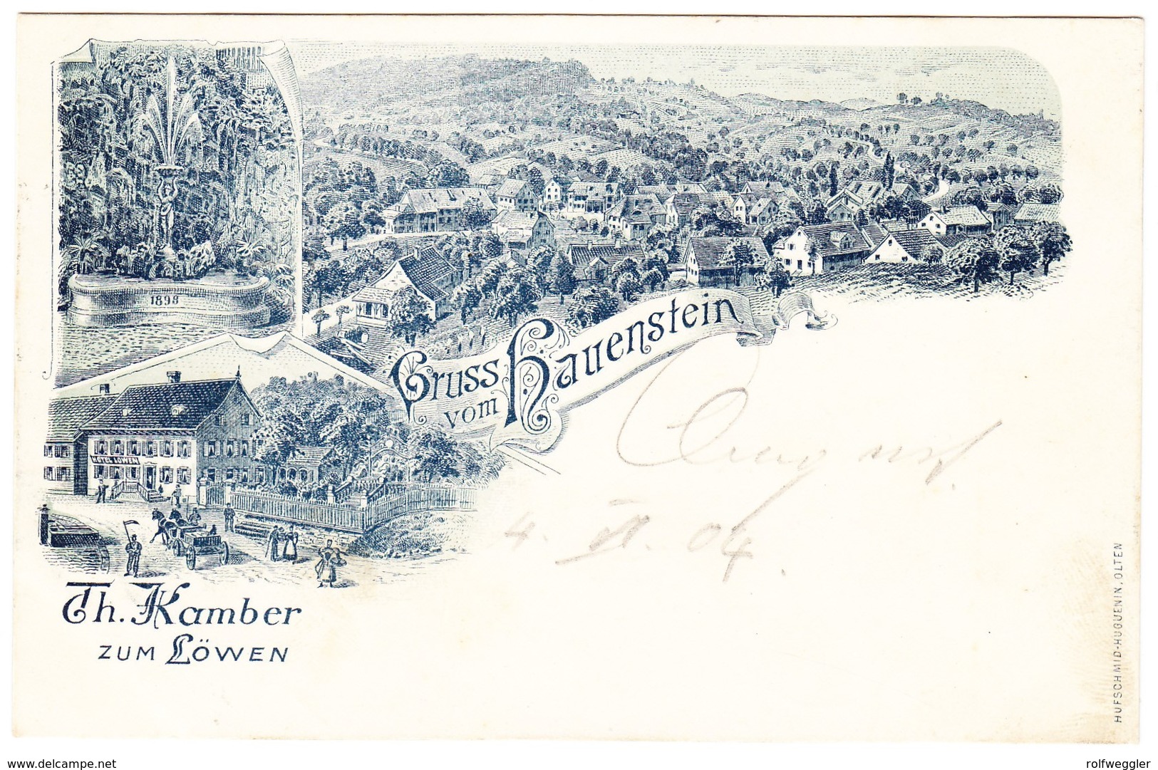 1904 Lithokarte Gruss vom Hauenstein Th. Kamber zum Löwen; Gelaufen  Läufelfingen nach Tägerig, seltener Kastenstempel