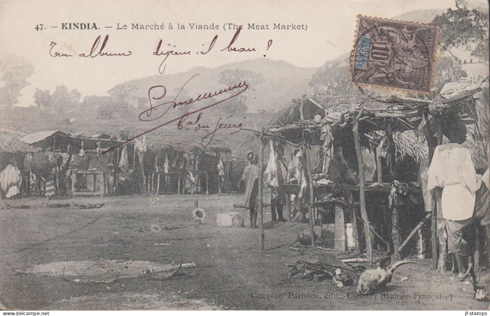 1906. GUINÉE. 10 C GUINEE FRANCAISE on post card (KINDIA. Le Marche a la Viande (The Meat Marke... (Michel 5) - JF432472