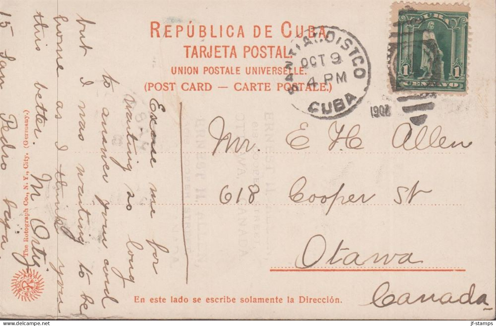 1907. CUBA. Fine TARJETA POSTAL - POST CARD (The Cathedral, Santiago de Cuba) with 1 CENTAVO Co... (Michel 1) - JF438192