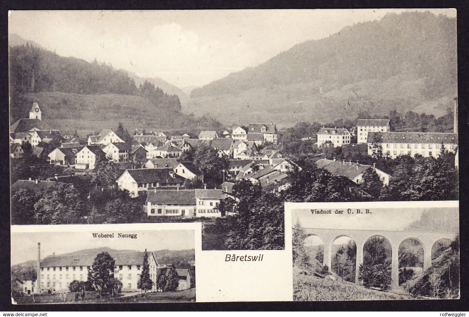 1909 gelaufene AK aus Bäretswil, 4 bildrig, mit Weberei Neuegg. Viadukt der Uerikon-Bauma-Bahn.