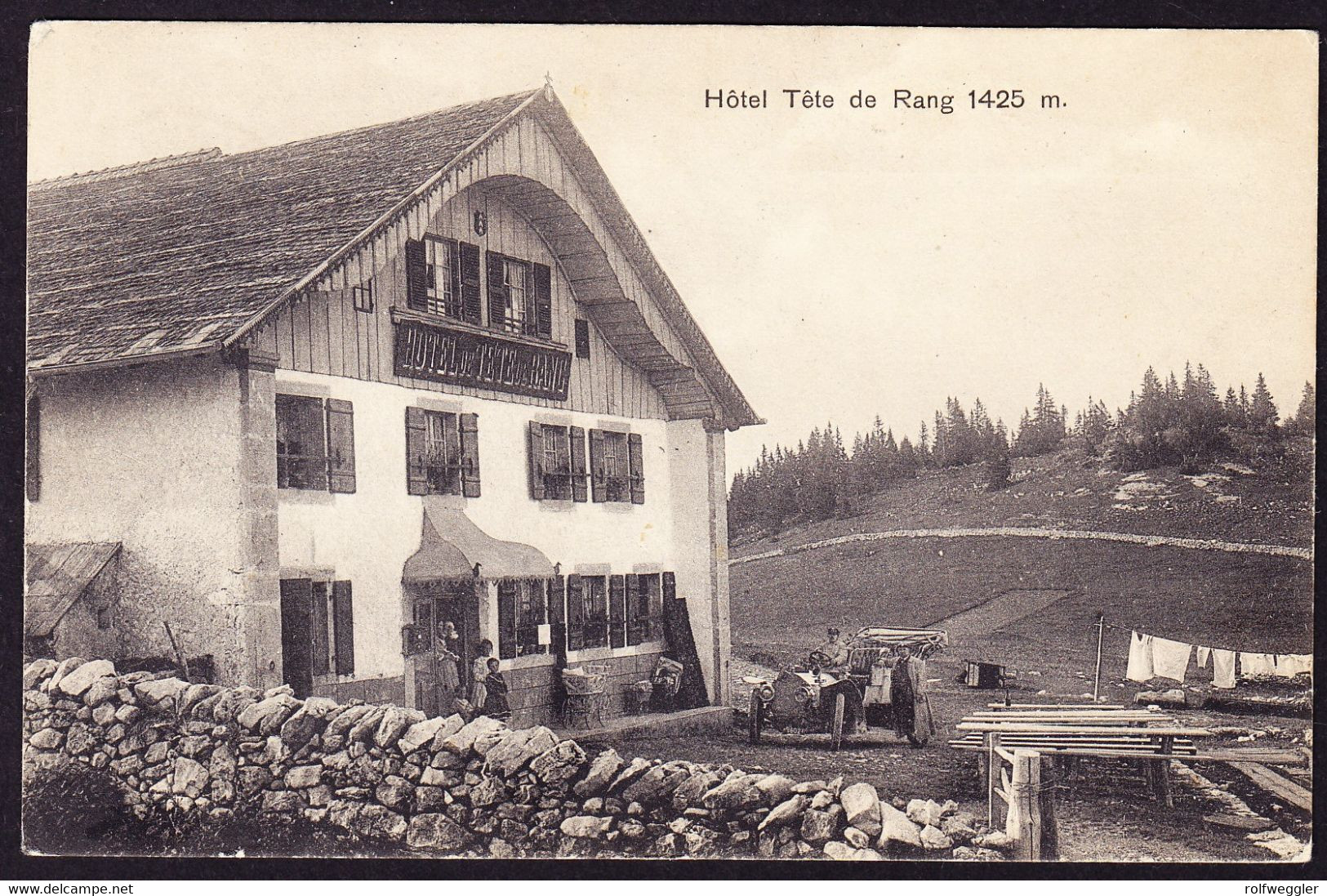 1910 gelaufene AK: Hôtel Tête de Rang. Mit Auto. Gestempelt Fontainemelon