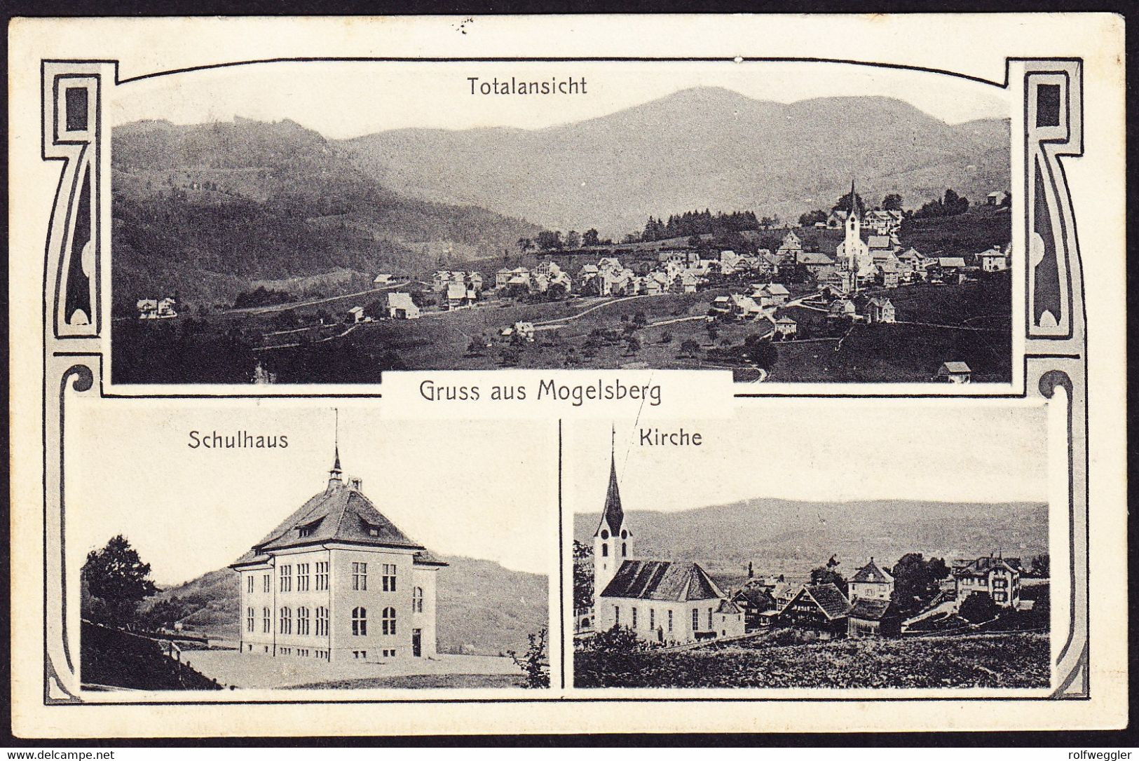 1913 Gruss aus Mogelsberg, 3 bildrige AK: gestempelt Brunnadern nach Marthalen Gelaufen. Minim fleckig.