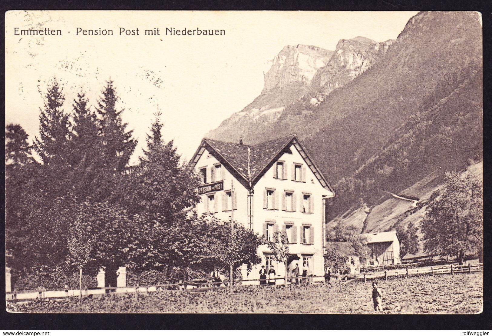 1920 Pension Post mit Niederbauen in Emmetten. Gestempelt Emmetten. Privatstempel Hotelpost. Emmetten.