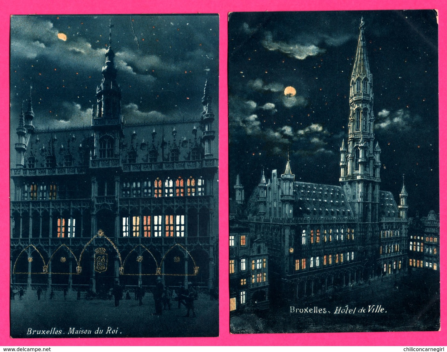 2 Cp Bruxelles la Nuit - Lune - Maison du Roi - Hôtel de Ville - Mairie - Animée - 1907