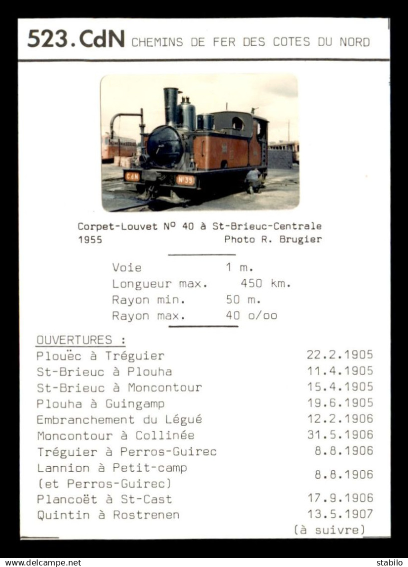 22 - CHEMIN DE FER DES COTES-DU-NORD - LOT DE 4 DOCUMENTS, 2 PHOTOS ET DE 34 CARTES MODERNES - BVA EDIT LAUSANNE, SUISSE