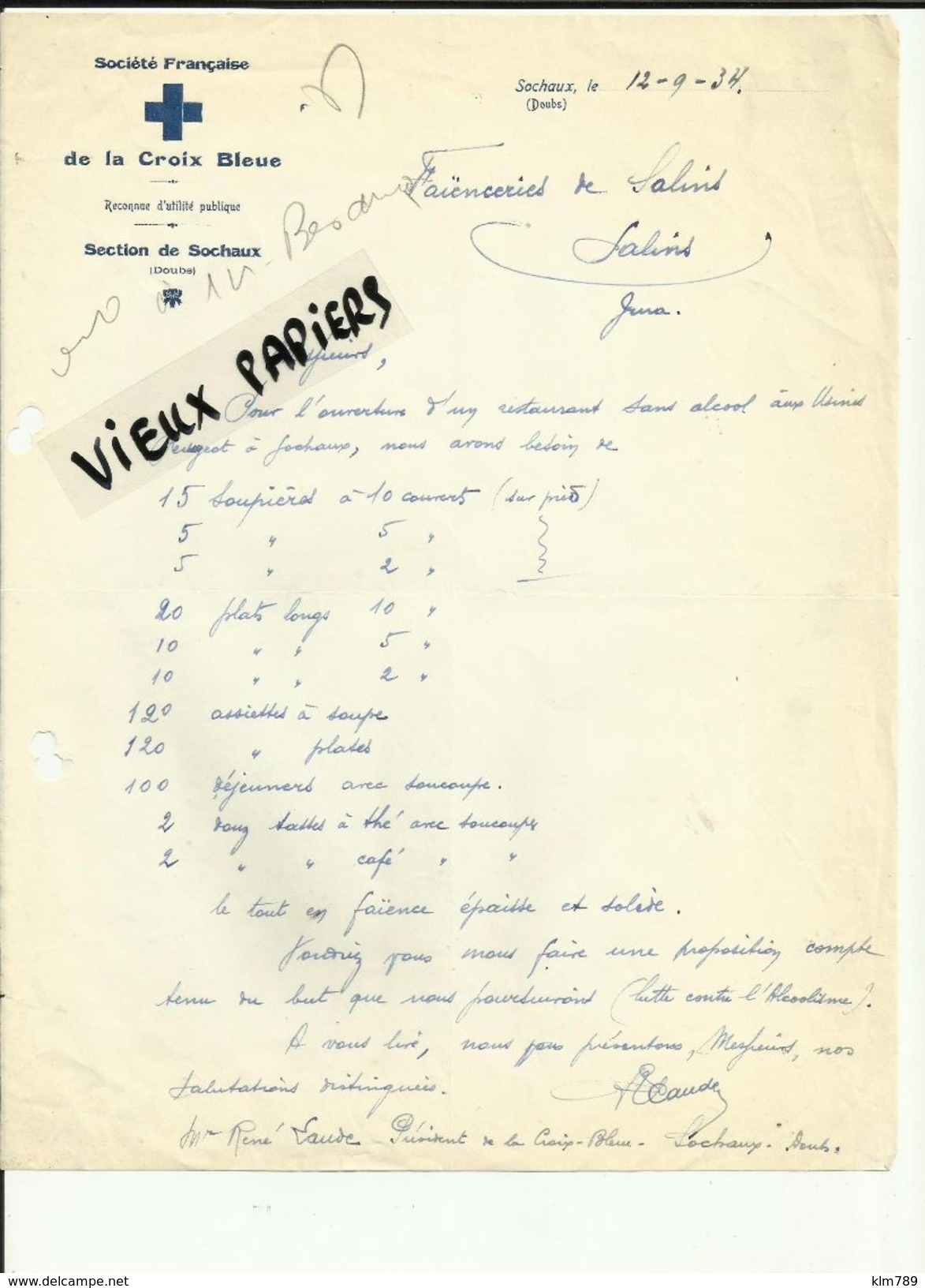 25 - Doubs - Sochaux - Société de la Croix Bleue - Lettre de  commande aux Faienceries de Salins - 39 Réf. 22-