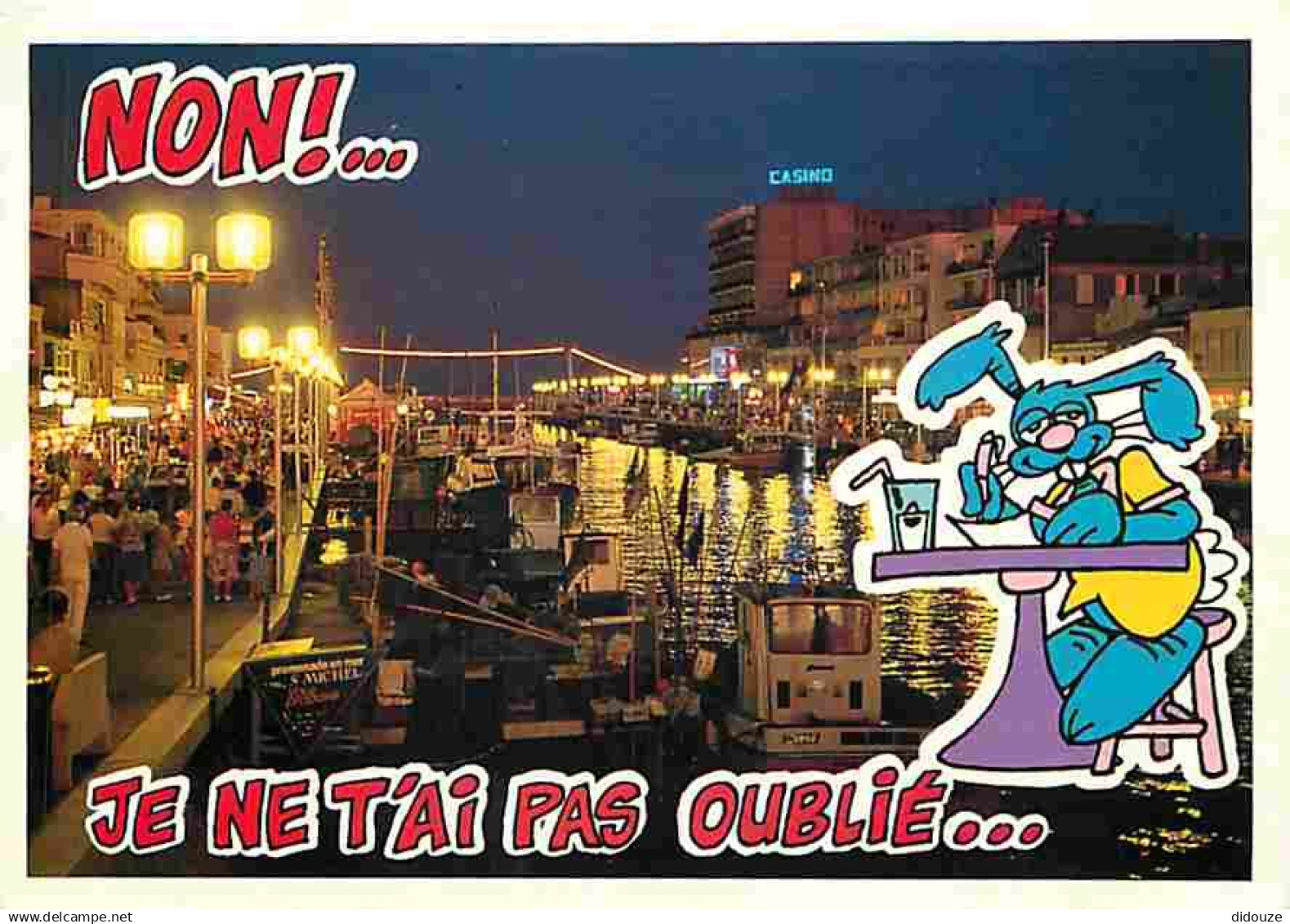 34 - Palavas les Flots - Le Canal - Vue de Nuit - Bateaux - Dessin de Lapin - Flamme Postale de Palavas les Flots - CPM