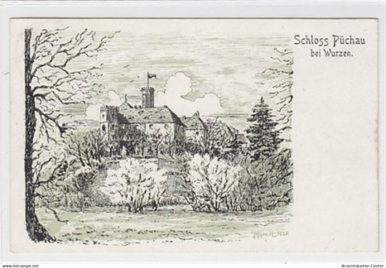 39084063 - Schloss Puechau bei Wurzen, Federzeichnung gelaufen, 1934, rueckseitiger Stempel: Puechau ueber Wurzen. Gute