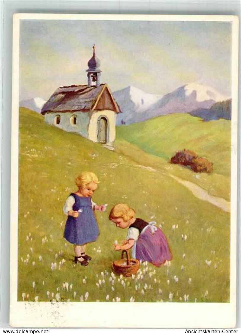 39865271 - Verlag Josef Mueller Nr. 14244 Ostern  Kinder pfluecken Blumen , Kapelle