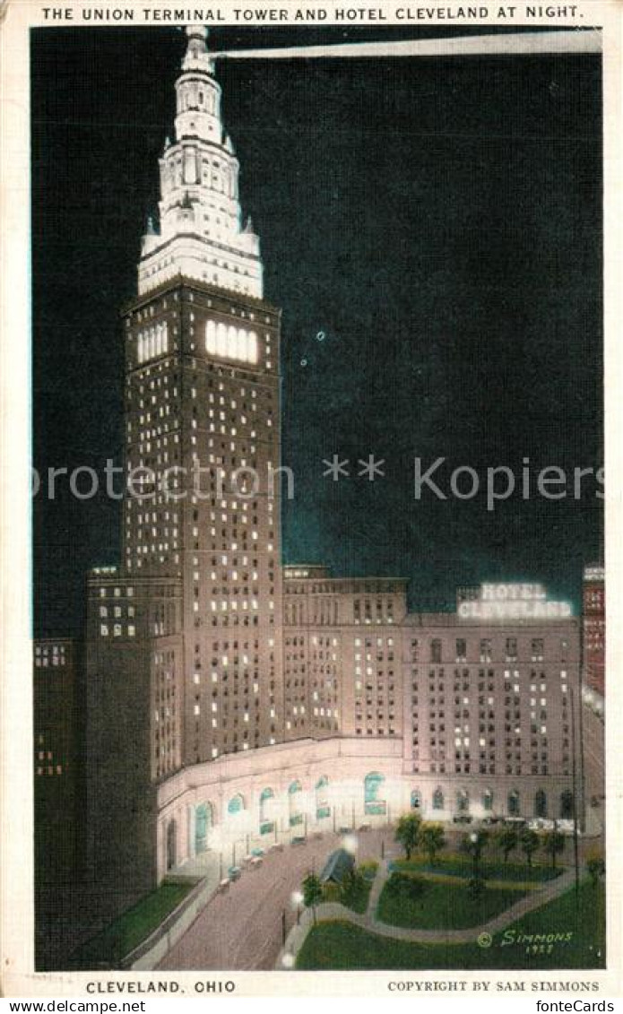 43478174 Cleveland Ohio Union Terminal Tower and Hotel Cleveland at night Illust