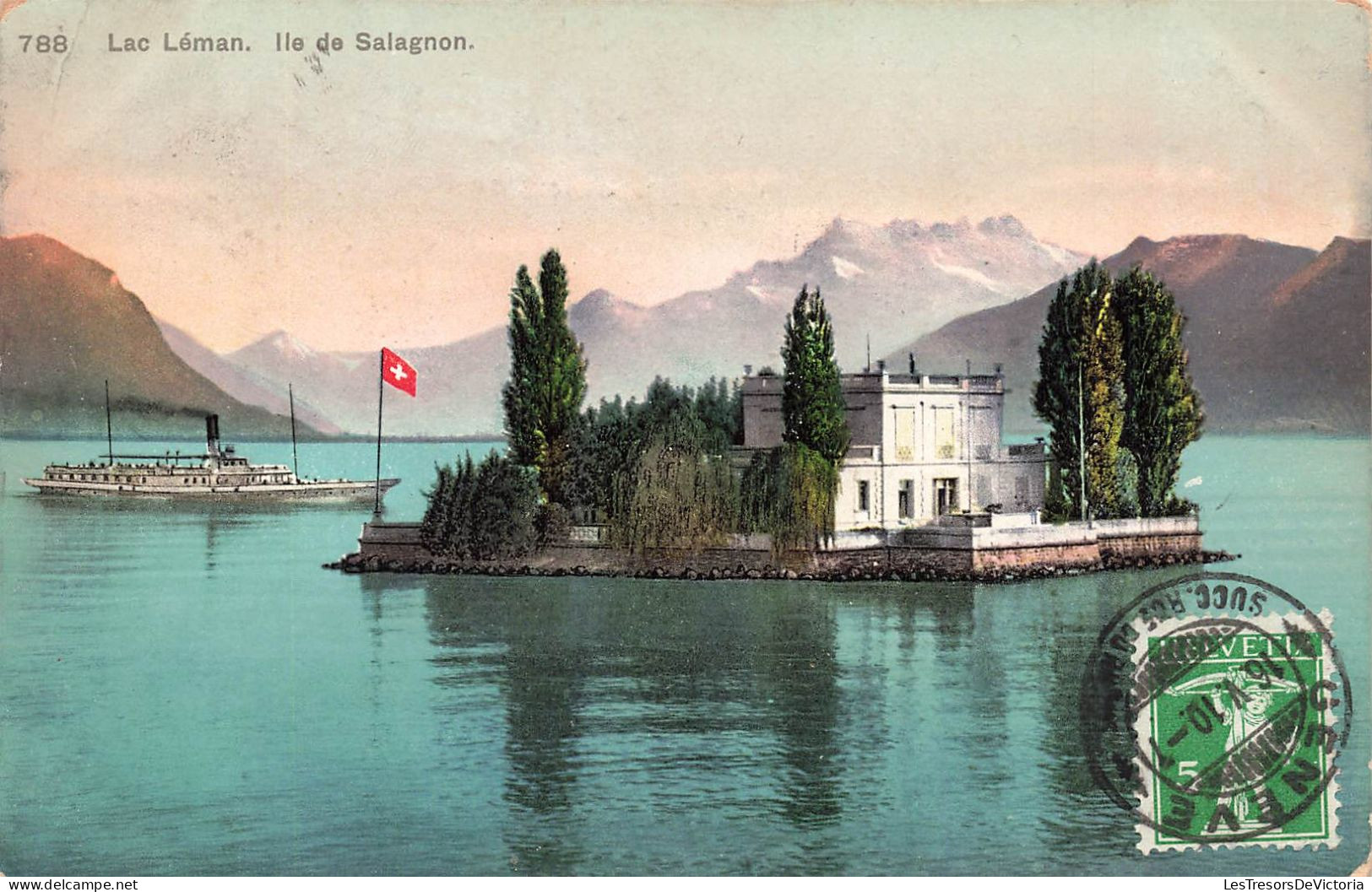 [-5%] SUISSE - Vue sur le Lac Léman - Ile de Salagnon - Colorisé - Carte postale ancienne