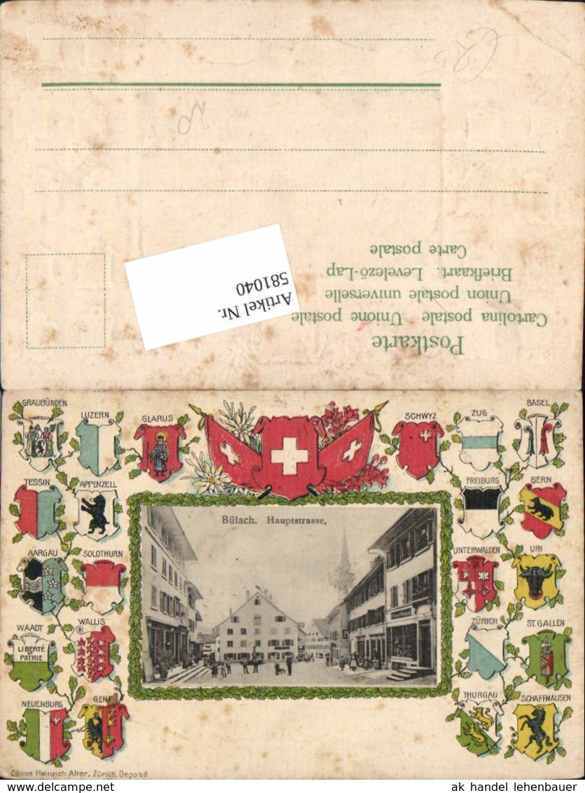 581040,tolle Pr&auml;ge Lithographie B&uuml;lach Wappen Schweiz Kt Z&uuml;rich