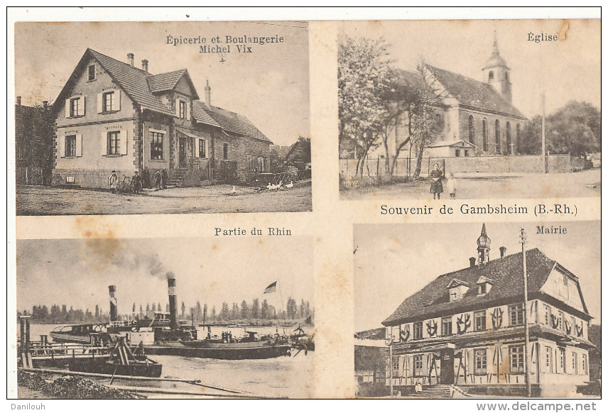 67 // souvenir de GAMBSHEIM  , multivues, épicerie, église, partie du Rhin, mairie