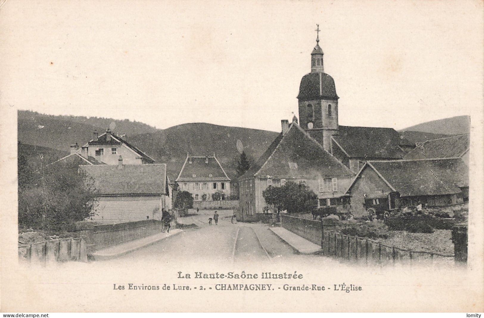 70 Champagney Grande Rue église CPA cachet Champagney 1918