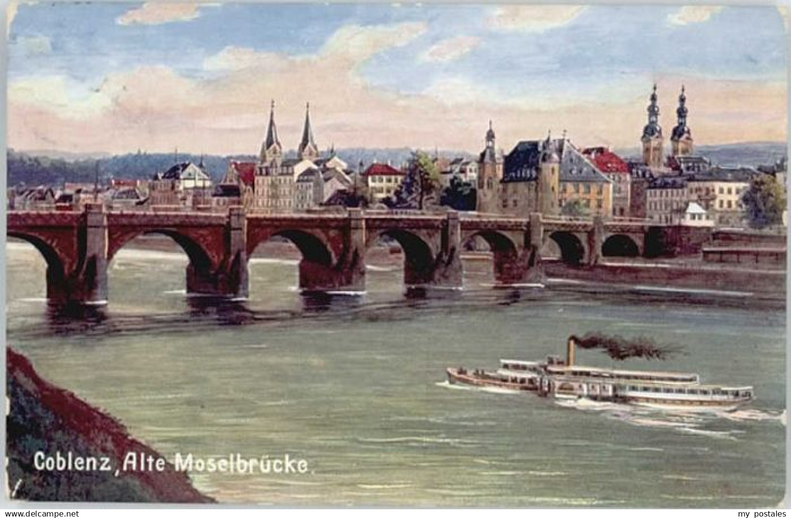 70131198 Koblenz Rhein Koblenz Moselbruecke Dampfer Kuenstlerkarte x