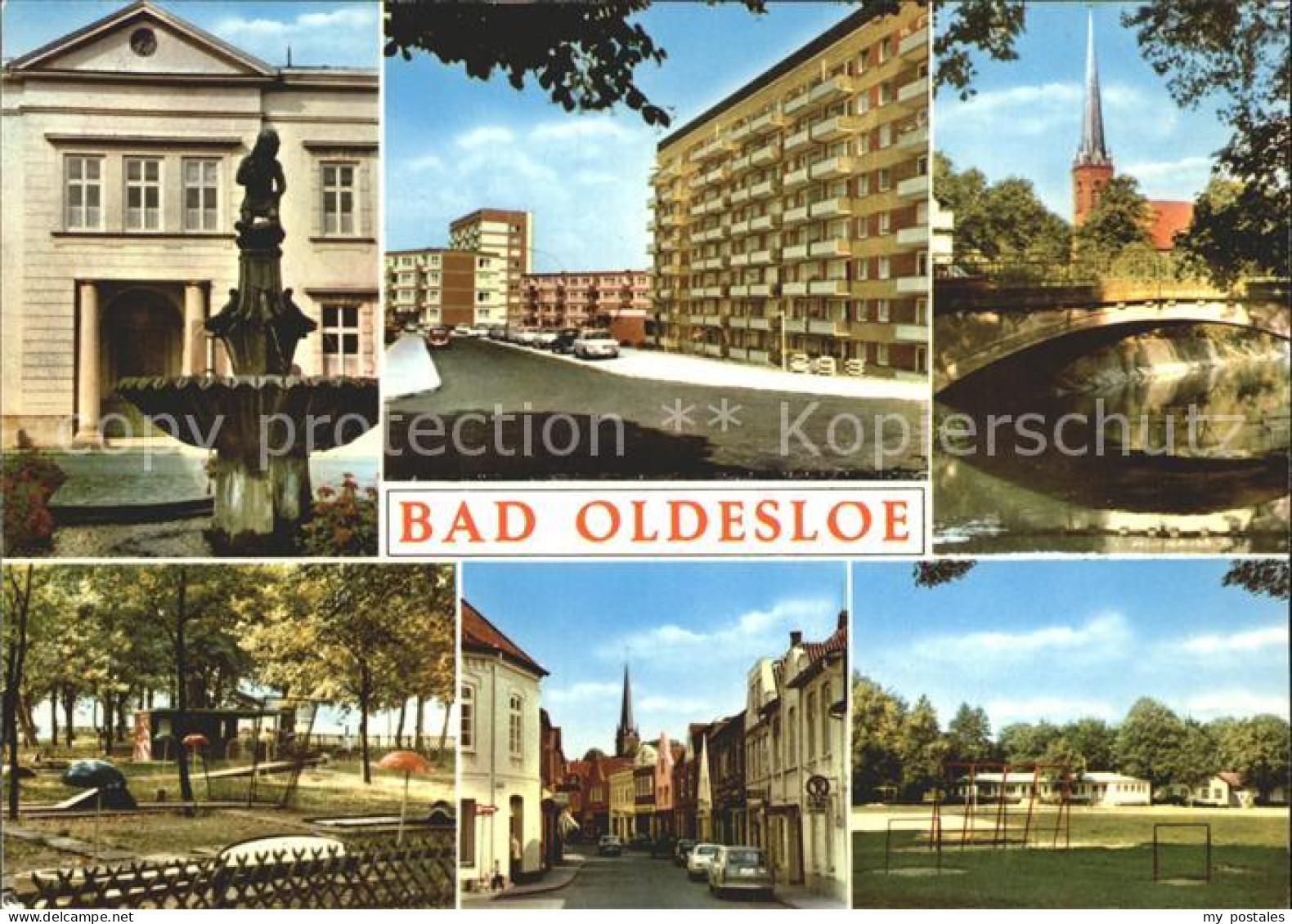 72240342 Bad Oldesloe Brunnen Strassenpartie Wohnblocks Kirche Park Minigolf Bad