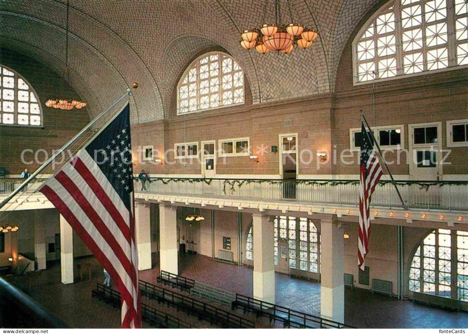 72865320 Ellis Island New York Registry Room Great Hall American Flag Ellis Isla