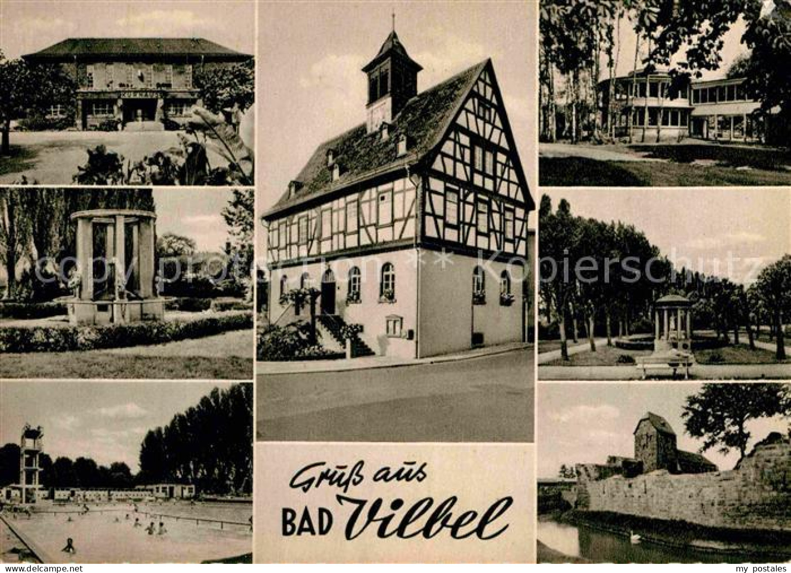 72915312 Bad Vilbel Teilansicht Fachwerkhaus Schwimmbad Bad Vilbel