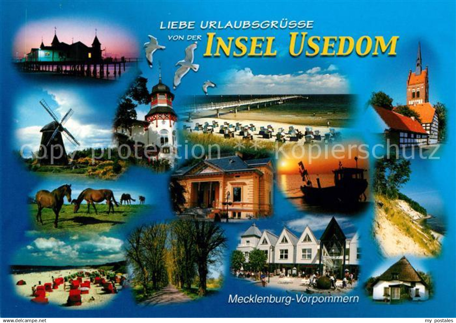 73201548 Usedom Kirche Strandkoerbe Windrad Seebruecke Usedom