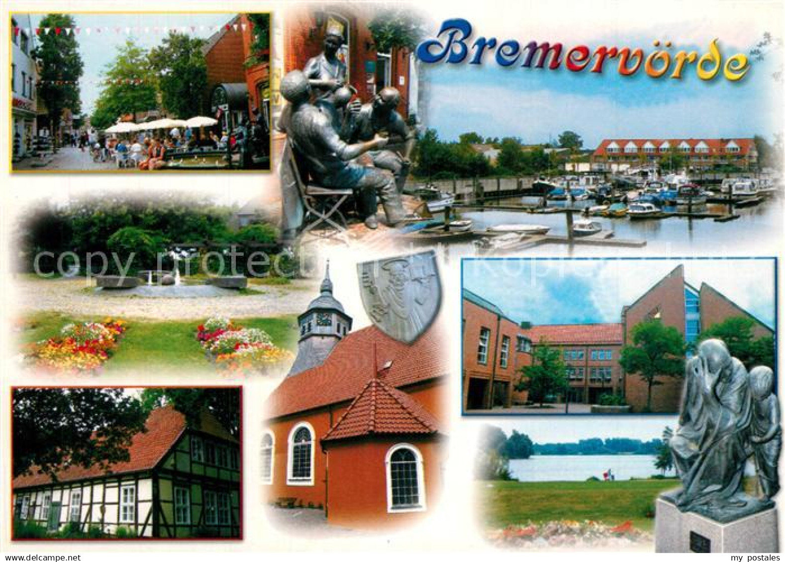 73255099 Bremervoerde Fussgaengerzone Plastiken Yachthafen Park Kirche