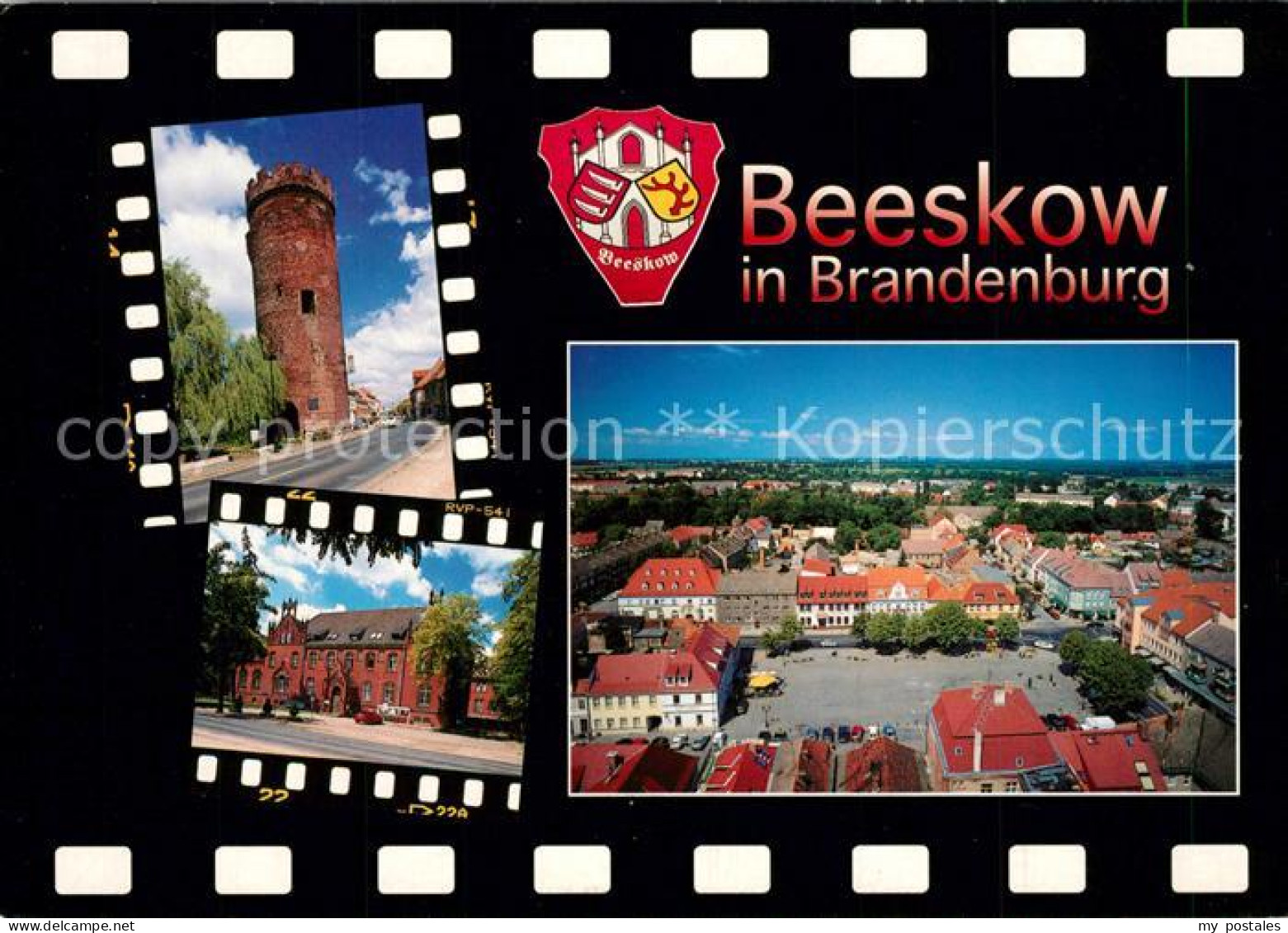 73269276 Beeskow Dicker Turm Landratsamt Blick zum Markt Wappen Beeskow