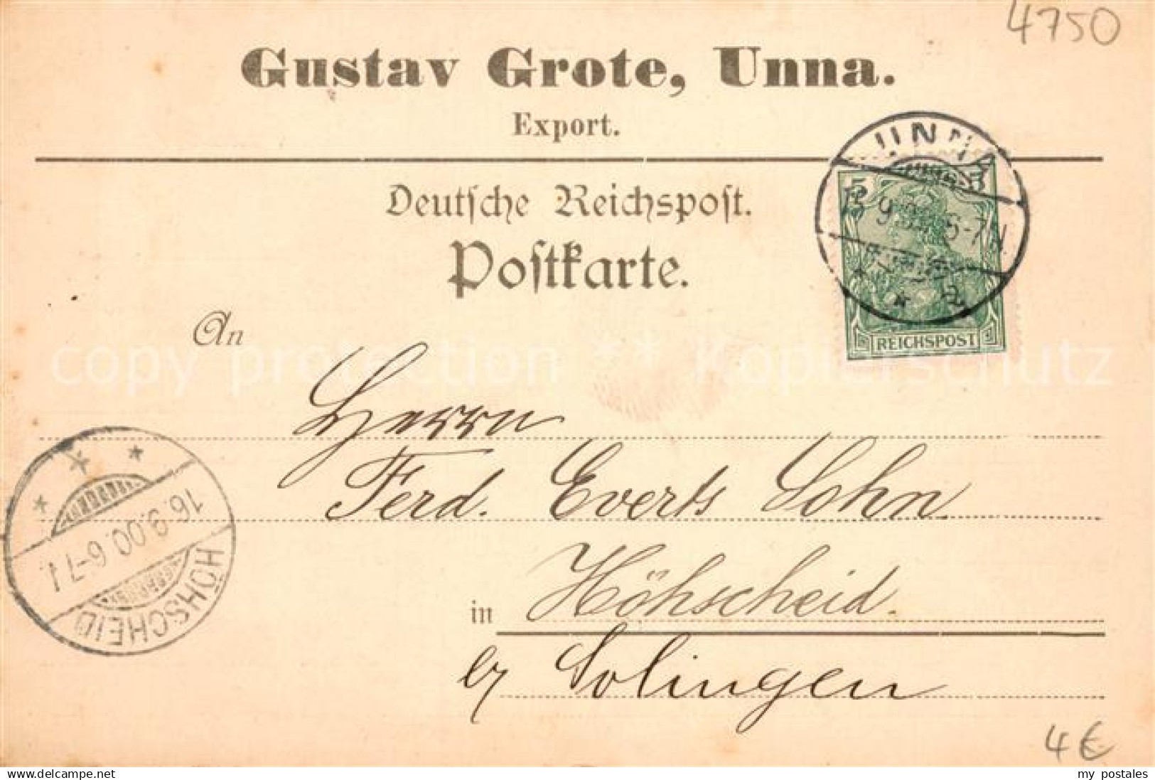 73689950 Unna Korrespondenzkarte Gustav Grote Export Deutsche Reichspost Unna