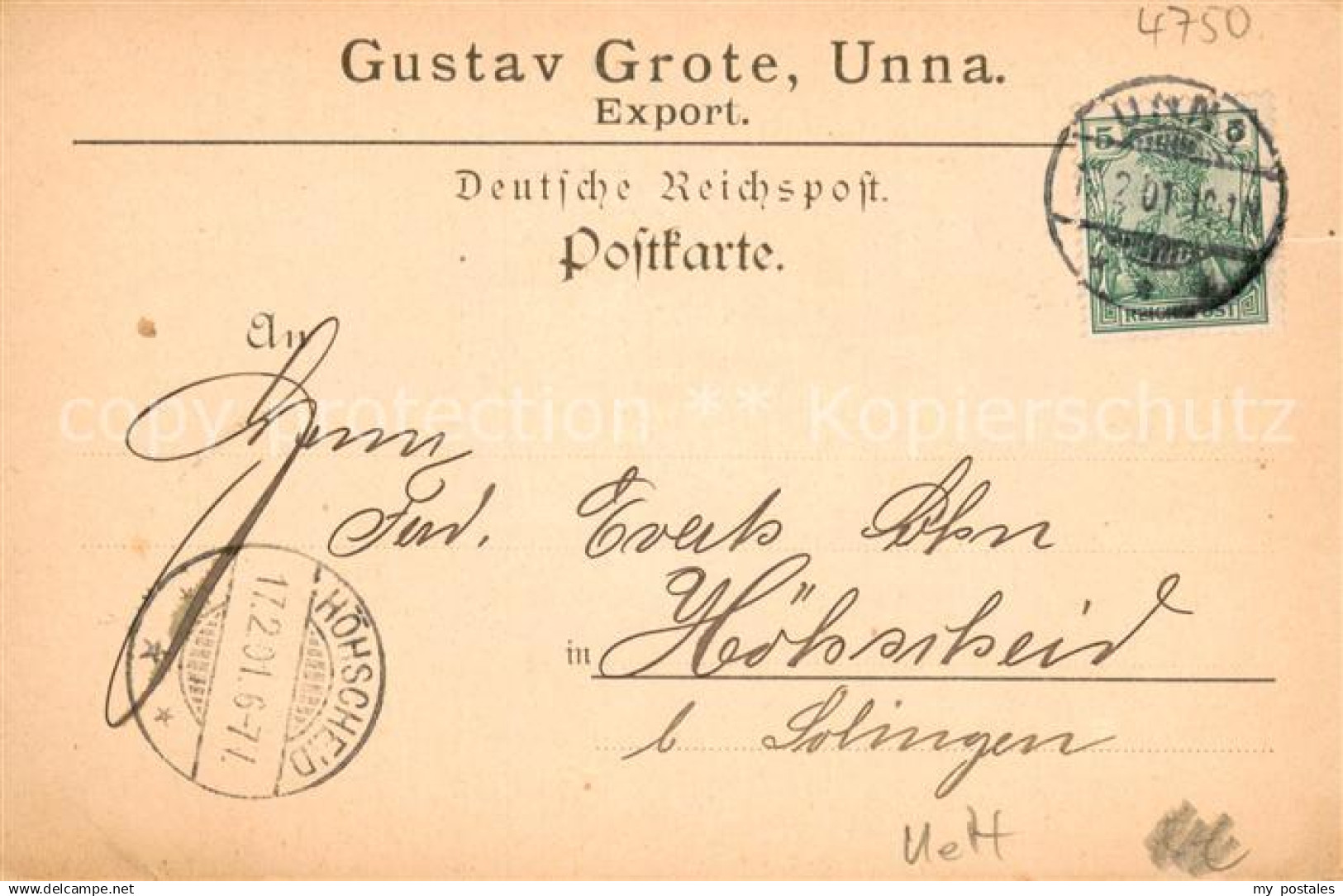 73690015 Unna Korrespondenzkarte Gustav Grote Export Deutsche Reichspost Unna