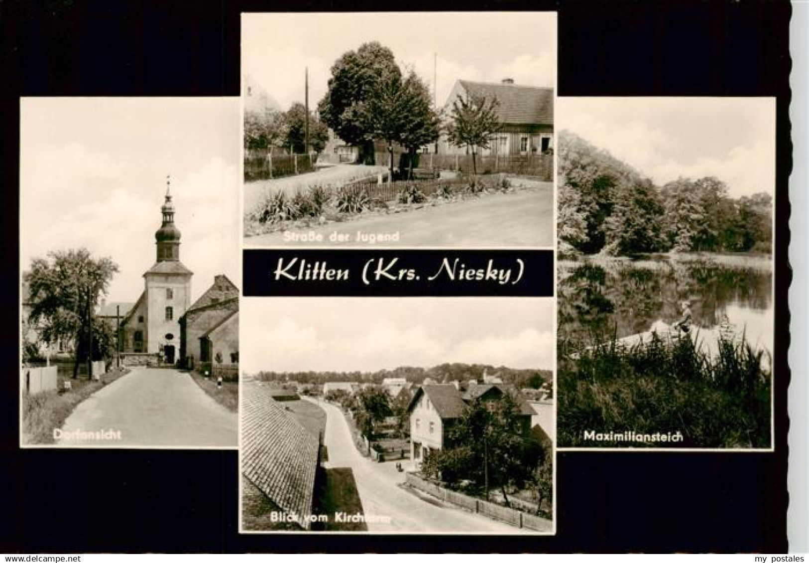 73886422 Klitten_Sachsen Dorfansicht mit Kirche Strasse der Jugend Blick vom Kir