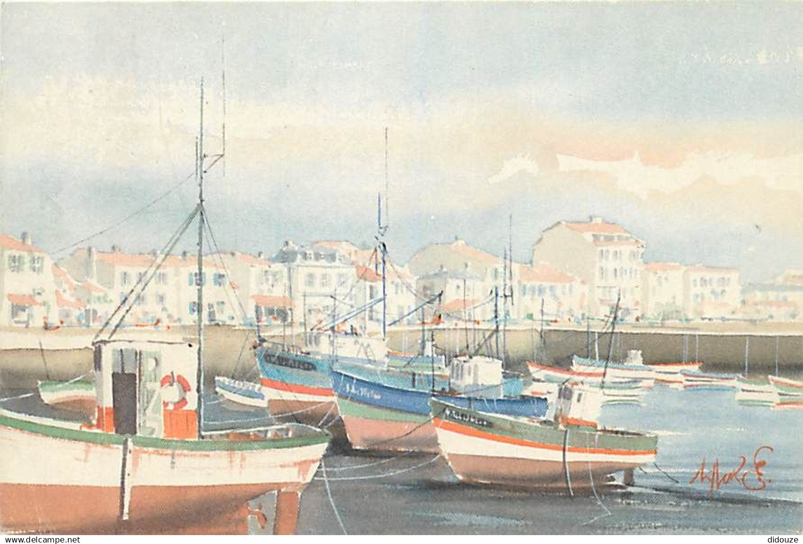 85 - Ile d'Yeu - Port Joinville - Aquarelle de Jean-Michel Seiller - Art Peinture - Flamme Postale de l'Ile d'Yeu - CPM