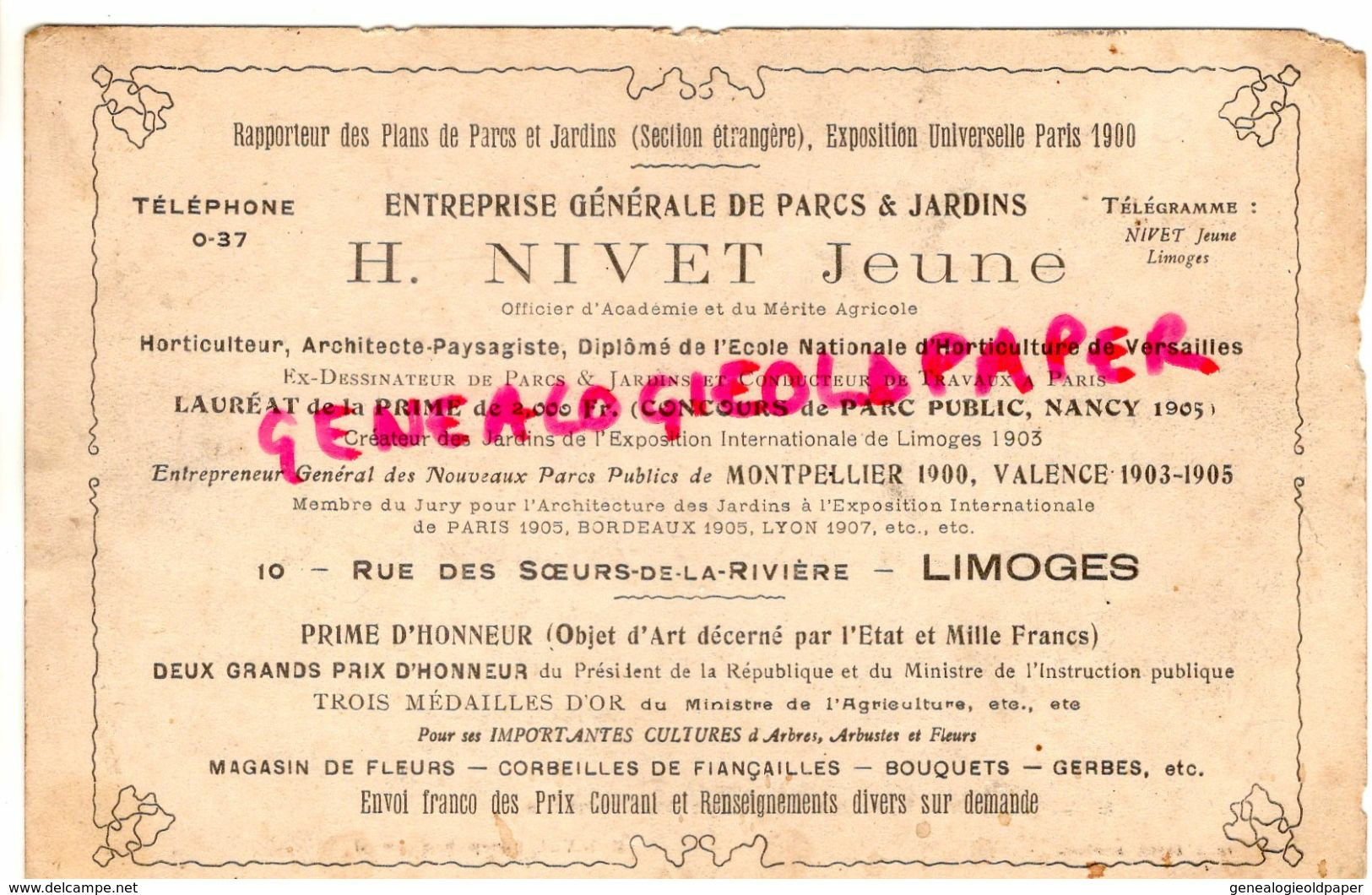 87  LIMOGES- ENTREPRISE PARCS JARDINS- H. NIVET- 10 RUE SOEURS DE LA RIVIERE-EXPOSITION UNIVERSELLE 1900-MONTPELLIER