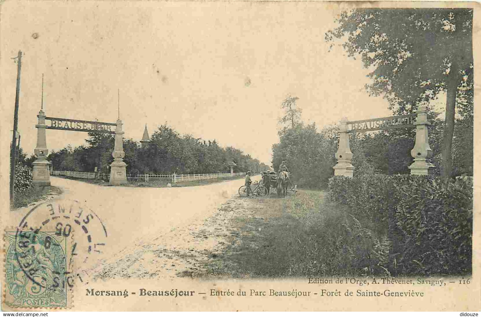 91 - Morsang sur Orge - Entrée du Parc Beauséjour - Forêt de Sainte-Geneviève - Animée - CPA - Oblitération de 1905 - Vo