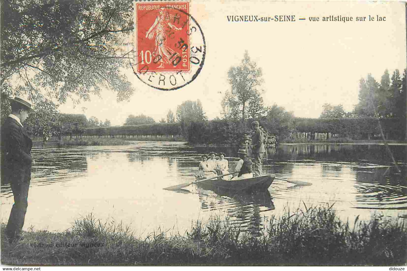 91 - Vigneux sur Seine - Vue artistique sur le lac - Animée - Canotage - CPA - Oblitération de 1910 - Voir Scans Recto-V