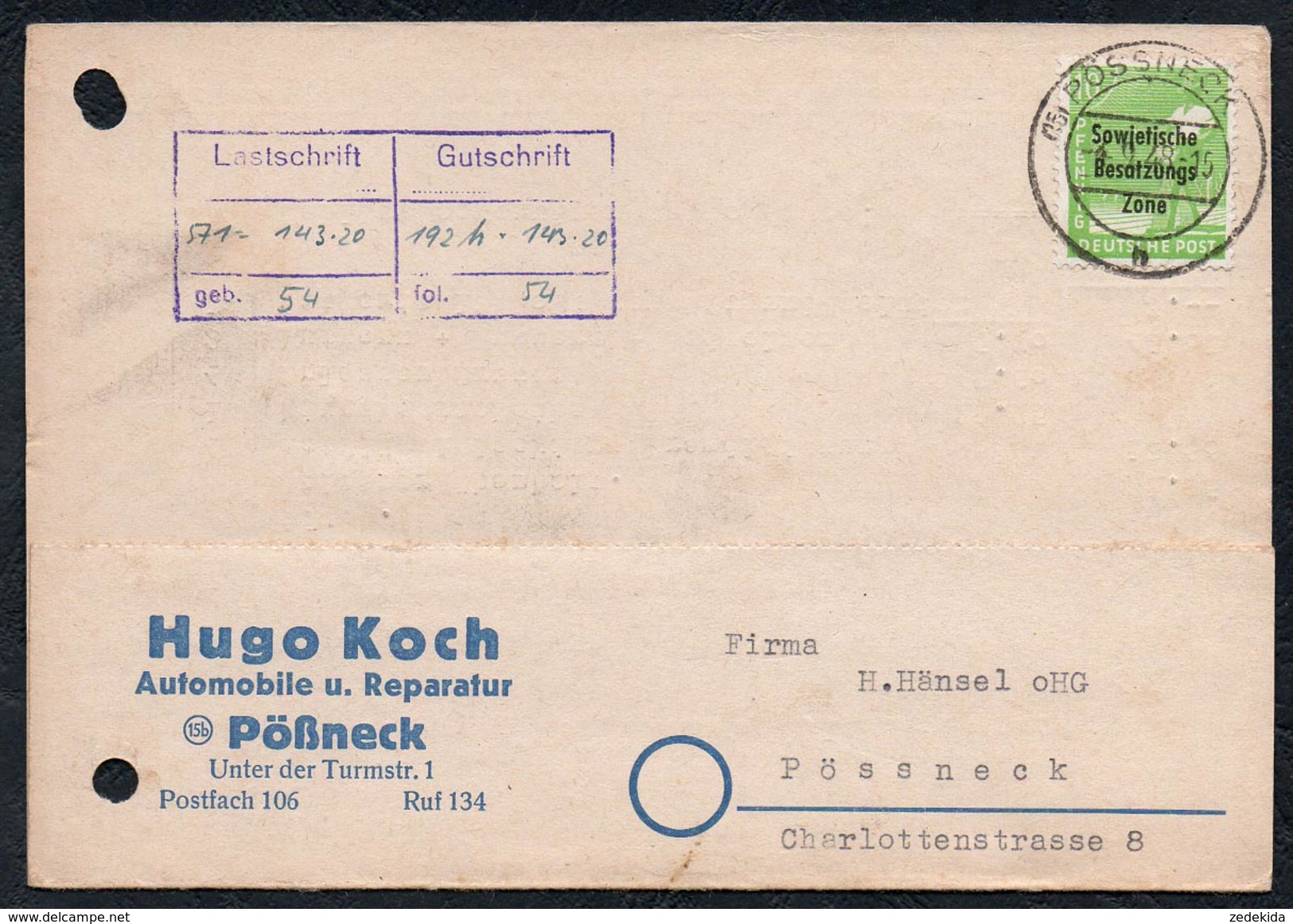 A6238 - alte Postkarte - Bedarfspost - Pössneck - Pößneck - Hugo Koch Automobile SBZ 1948 Rechnung