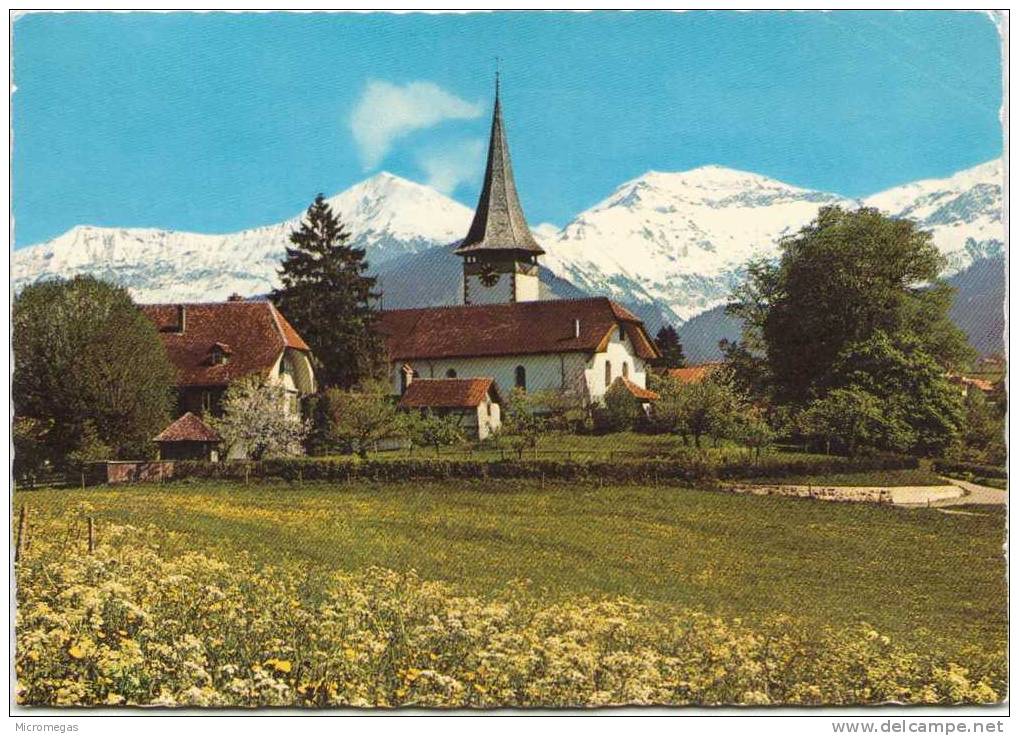 AESCHI bei Spiez - Kirche und Pfarrhaus mit Morgenberghorn und Schwalmeren 2777 m.