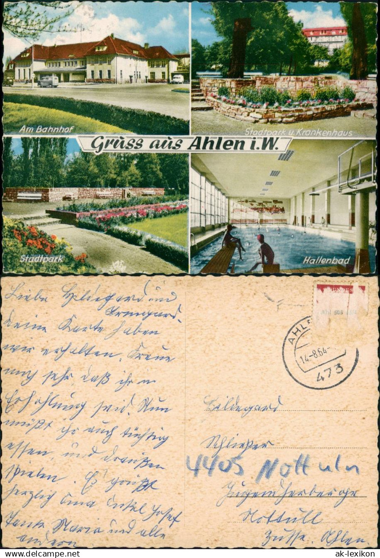 Ahlen (Westfalen) Mehrbild-AK ua. Bahnhof, Krankenhaus, Hallenbad 1964