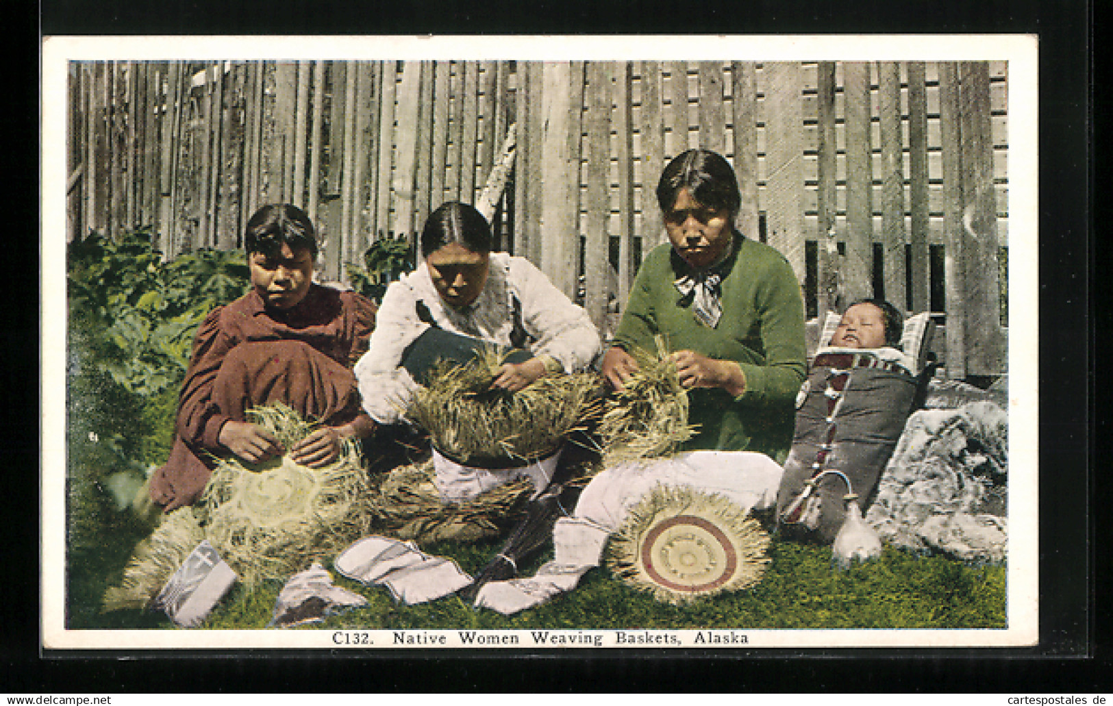 AK Alaska, Native Woman Weaving Baskets