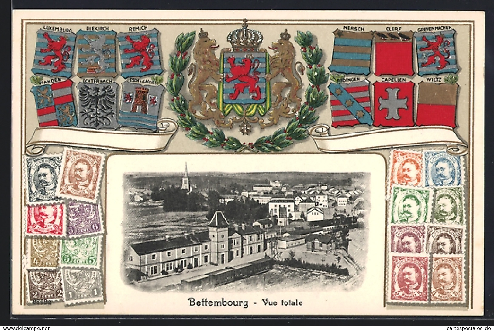 AK Bettembourg, Bahnhof, Briefmarken, Wappen